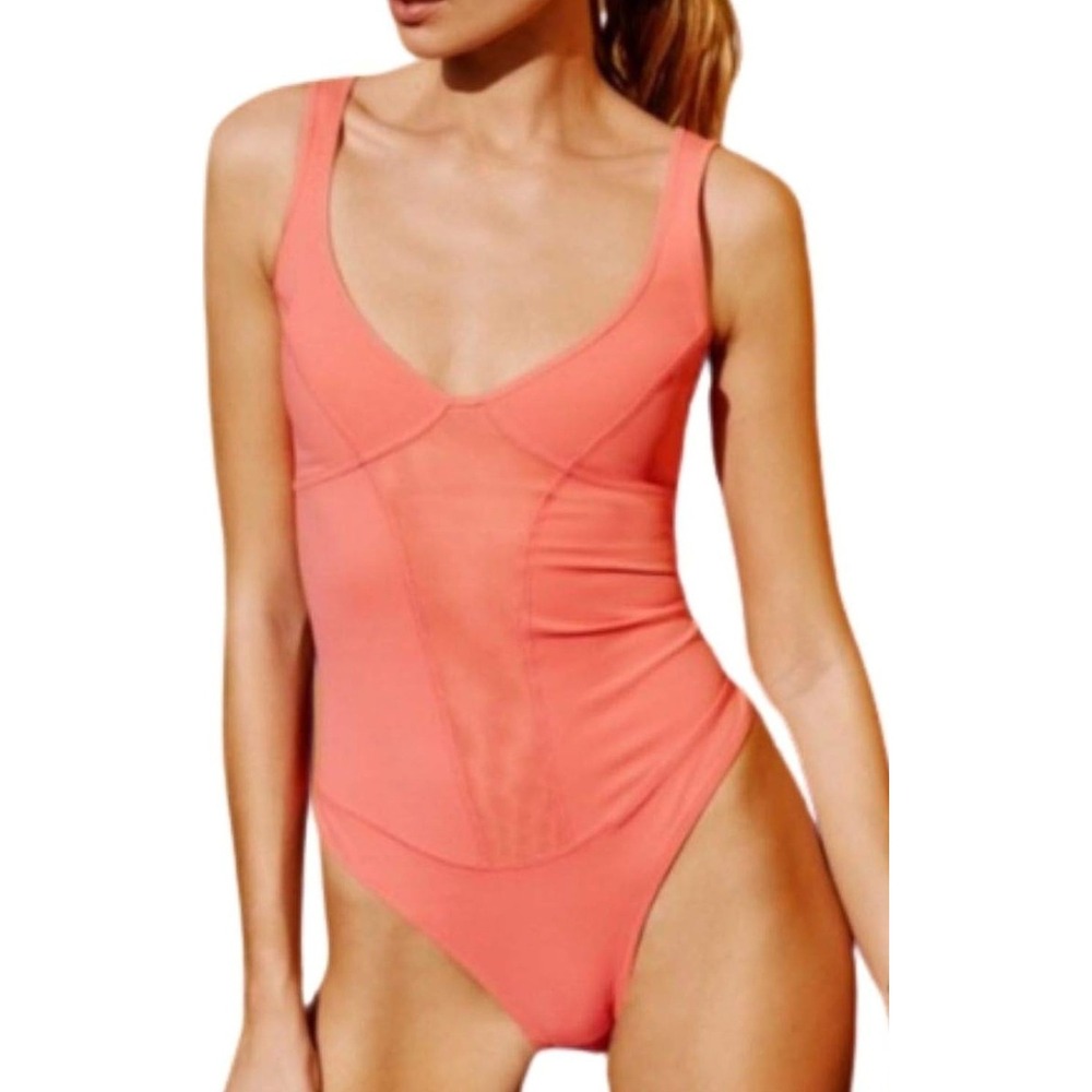 Free People Movement Strawberry Pink Corset Mesh V-Neck Bodysuit NWT Size S